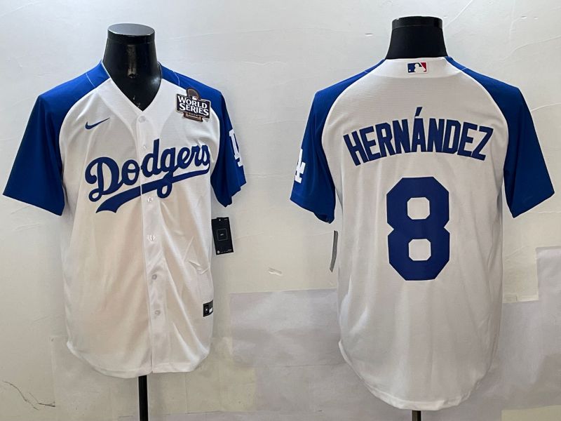 Men Los Angeles Dodgers #8 Hernandez White Blue Fashion Game 2025 Nike MLB Jersey style 5